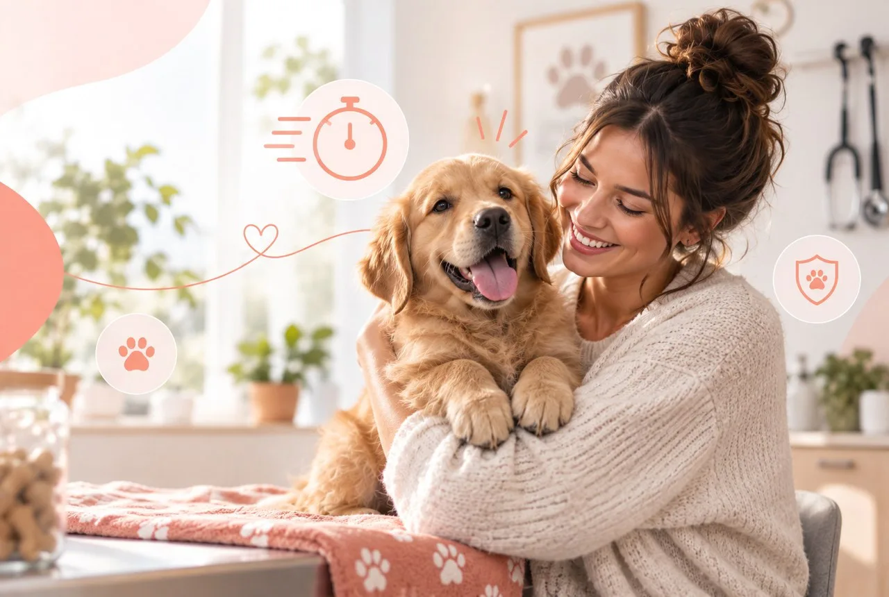 Owner holding a dog in a bright home setting